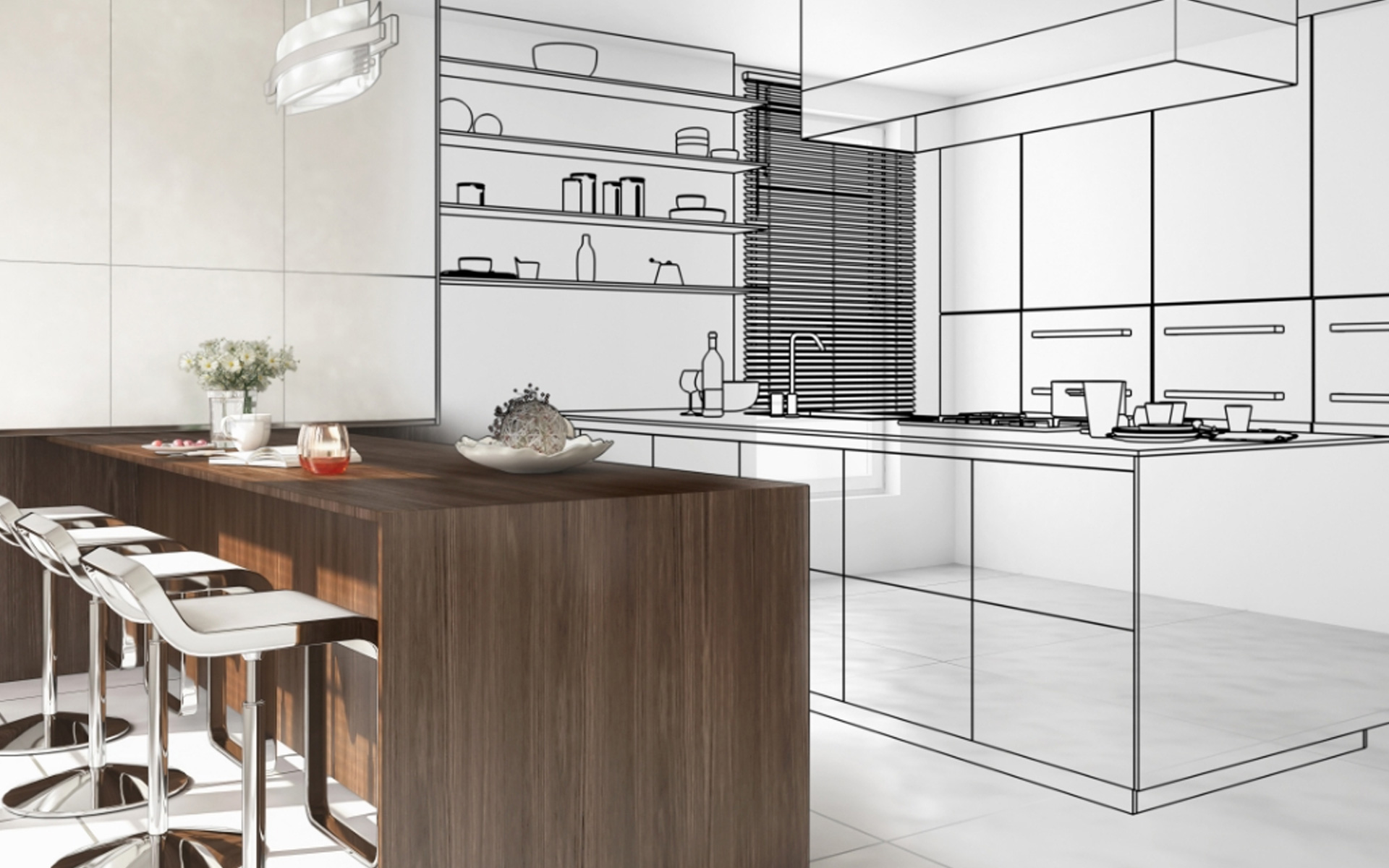 A kitchen design concept transitioning from sketch to finished installation