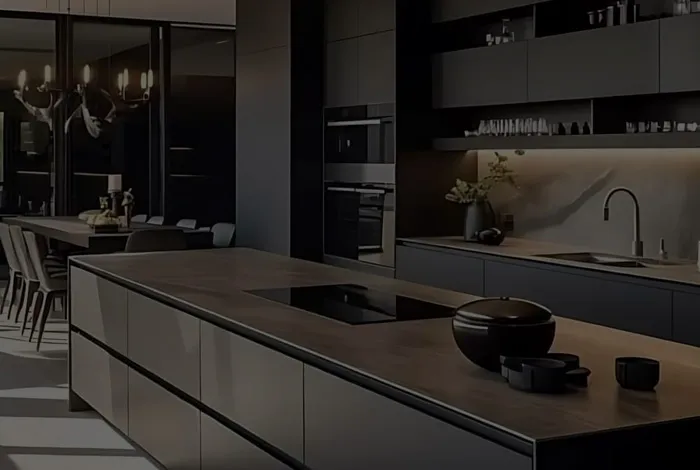 A dark, modern fitted kitchen showcasing KCT Kitchens' craftsmanship
